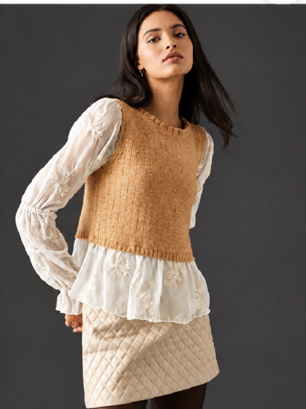 ANTHROPOLOGIE Cropped Knit Vest in Tan with Embroidered Sheer Blouse Layer ❤️❤️